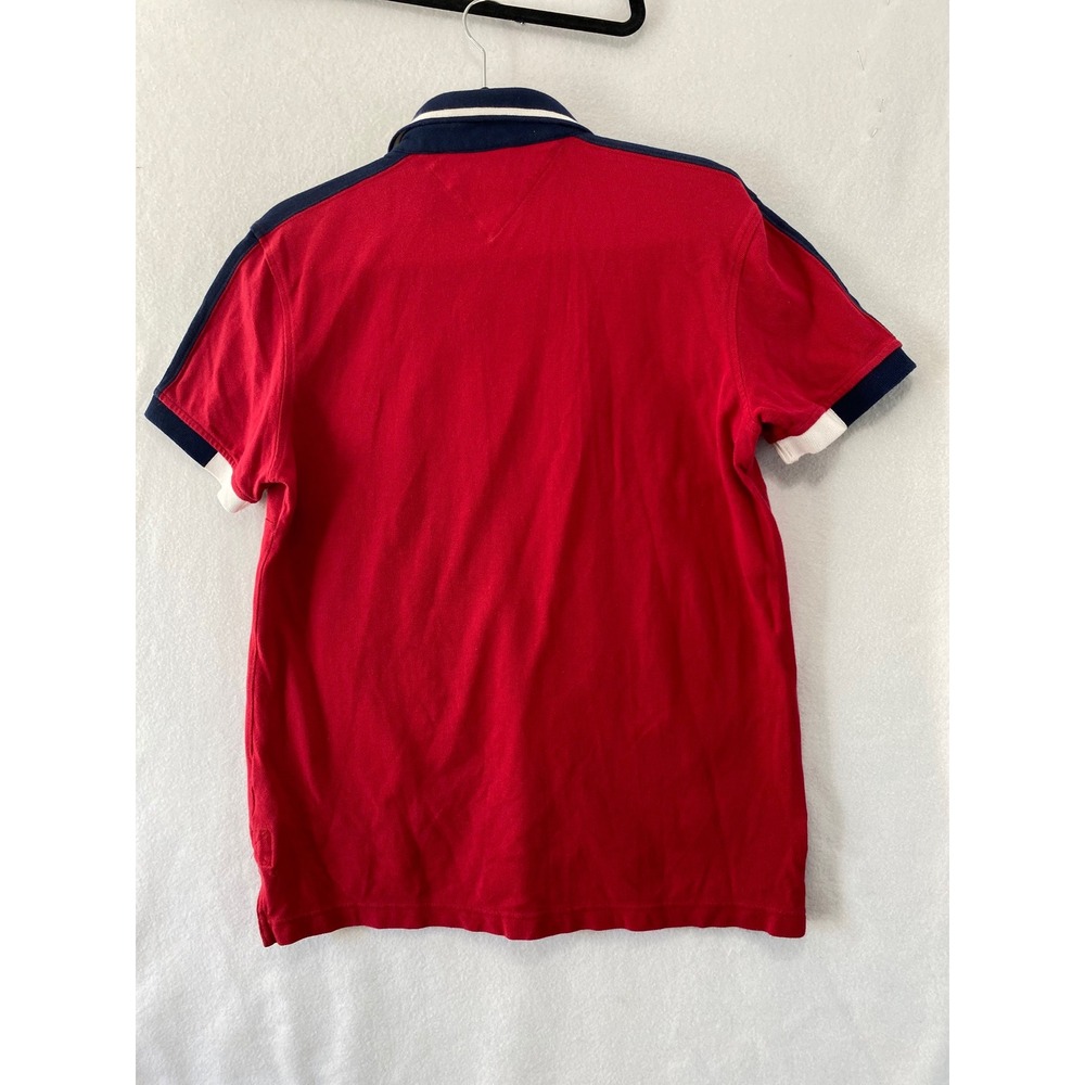 Tommy Hilfiger Polo Shirt Mens Medium Red Navy Blue Embroidered Custom Fit - Picture 3 of 7